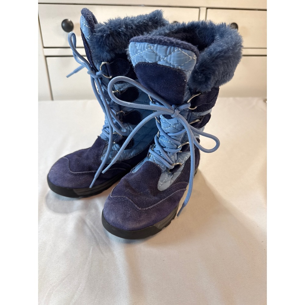 Lands End Girls Blue Quilted Suede Snow Boots Faux Fur Trim Size 12M V3328/F2857